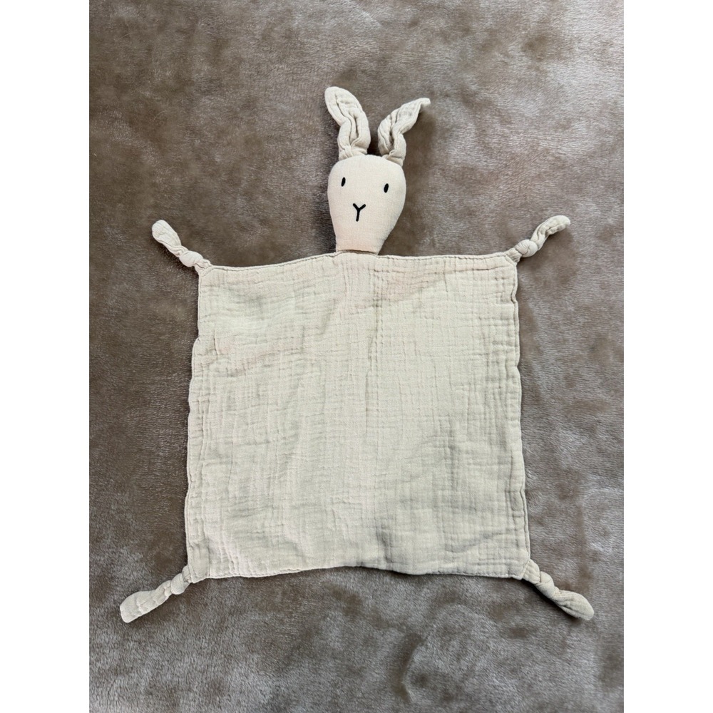Rabbit Lovey Security Blanket Muslin Cotton Beige Knotted Corners
